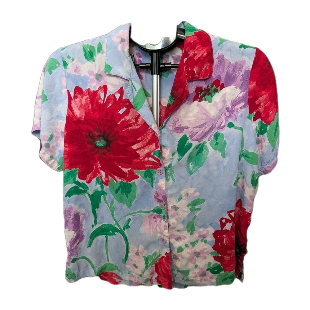 Jams World Women's Floral Buttoned Down Anemone Blue Hawaiian Shirt M Vacation